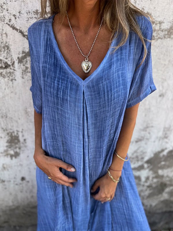 Serenne | Cotton-Linen FlowVee Midi Dress – Refined Elegance, Everyday Ease